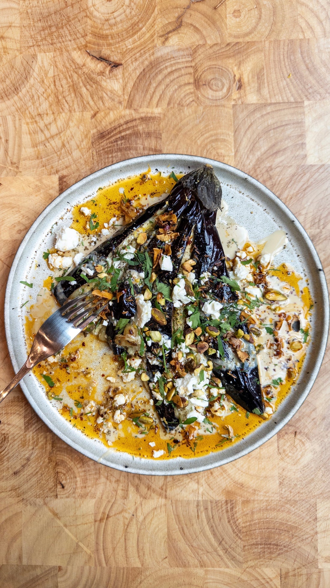 Roasted Aubergine with Crumbled Feta & Toasted Pistachio