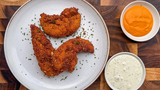 The Ultimate Low Carb Fried Chicken Tenders with Buffalo Sauce & Blue Cheese Dip