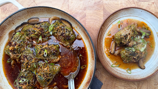 Sticky Pork Cabbage Dumplings with Soy Glaze & Chilli Ginger Oil