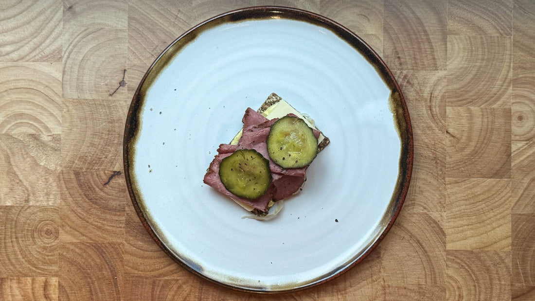 Salt Beef, Cheese, American Mustard, Sauerkraut & Pickle topped Norwegian Crispbreads