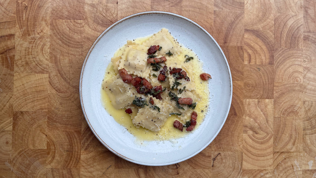 Pumpkin & Sage Ravioli with Butter Sauce, Crispy Pancetta & Sage