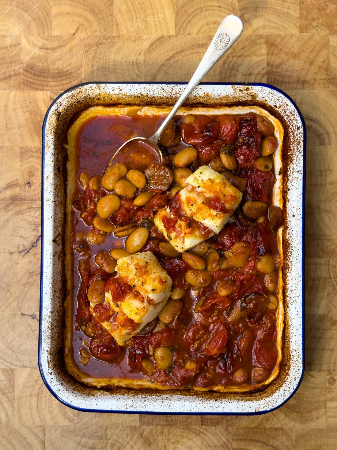 Baked Cod with Chorizo and Butter Beans
